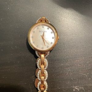Bulova 98L207 women's crystal accented rose gold tone steel MOP dial watch
